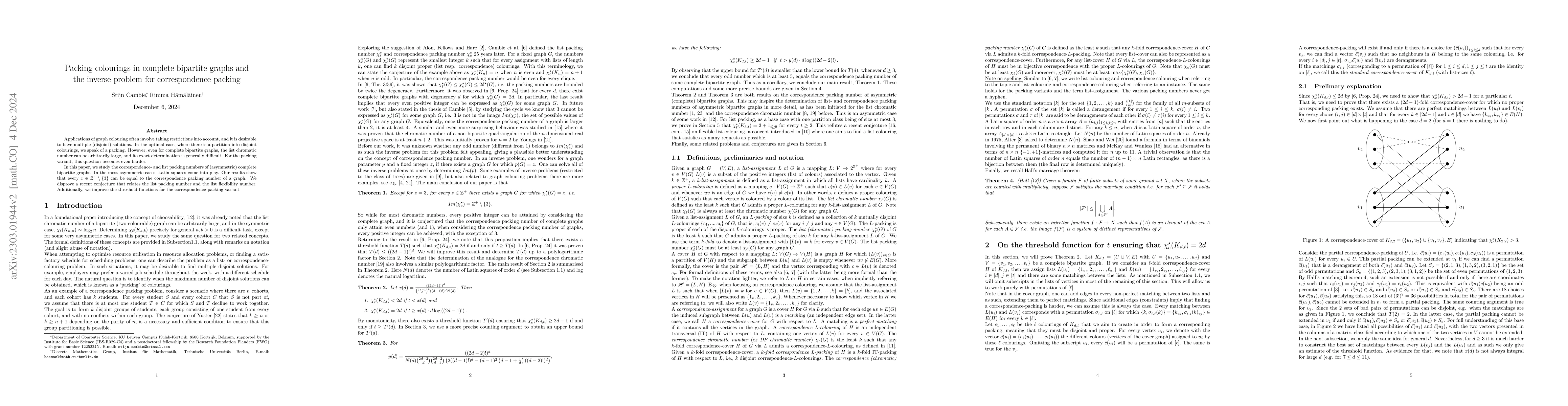 Thumbnail for Packing colourings in complete bipartite graphs and the inverse problem
  for correspondence packing