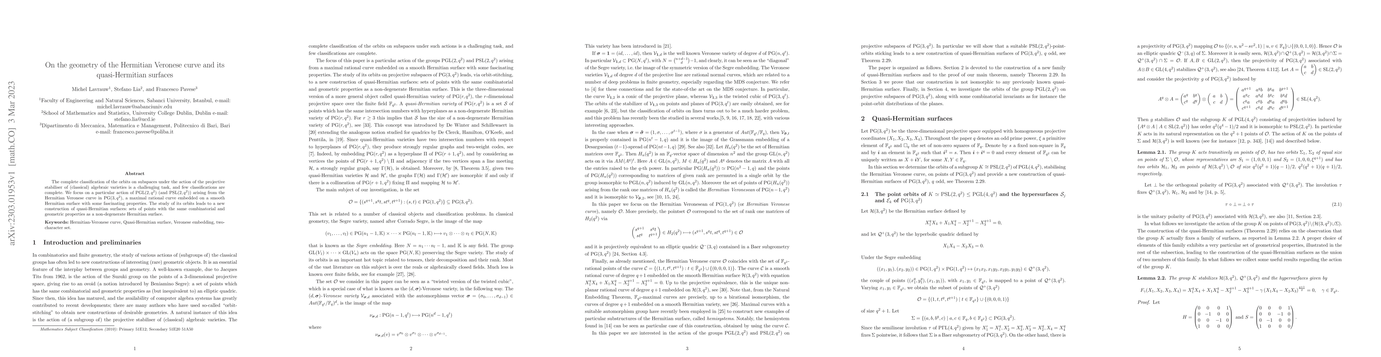 Thumbnail for On the geometry of the Hermitian Veronese curve and its quasi-Hermitian
  surfaces