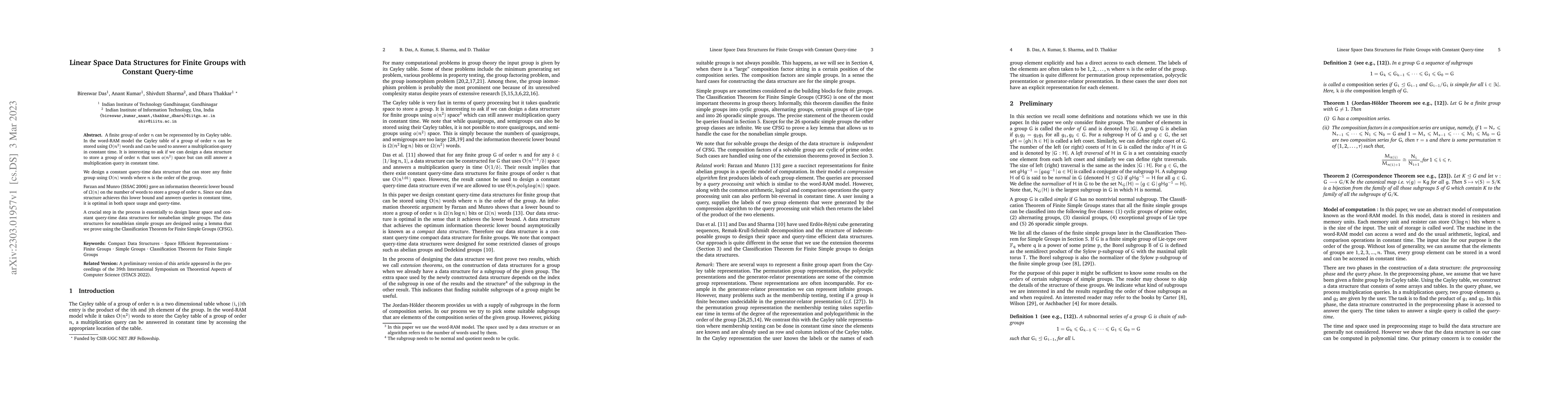 Thumbnail for Linear Space Data Structures for Finite Groups with Constant Query-time