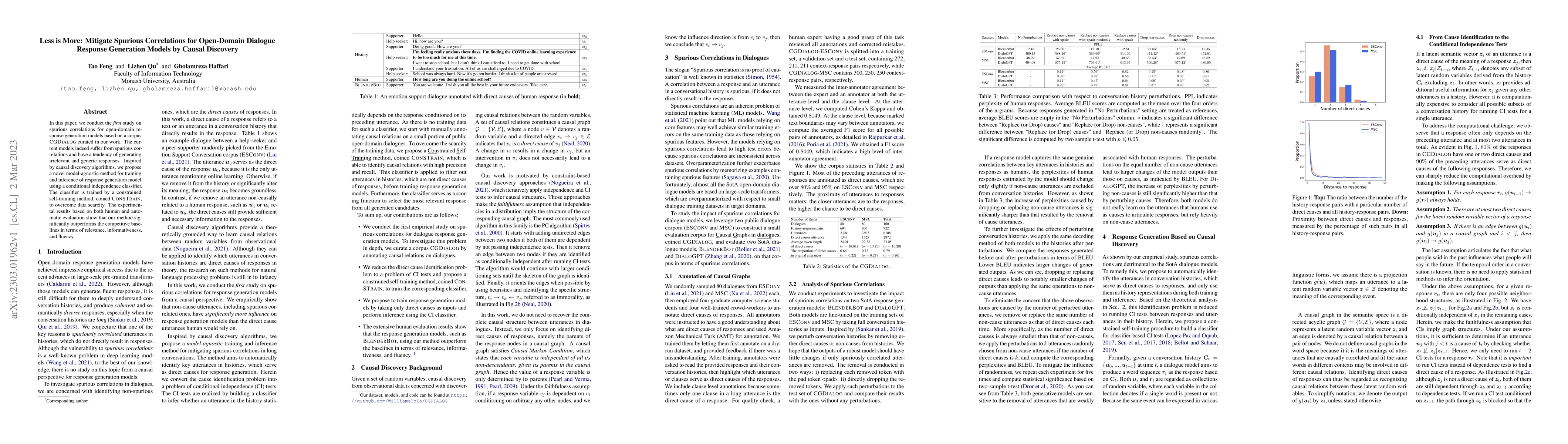 Thumbnail for Less is More: Mitigate Spurious Correlations for Open-Domain Dialogue
  Response Generation Models by Causal Discovery
