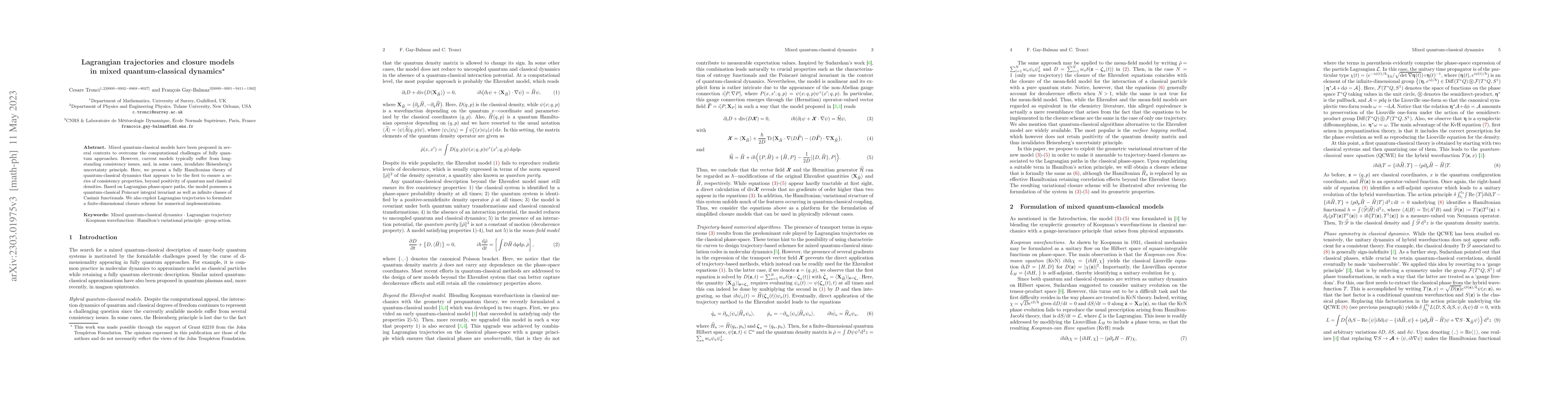 Thumbnail for Lagrangian trajectories and closure models in mixed quantum-classical
  dynamics