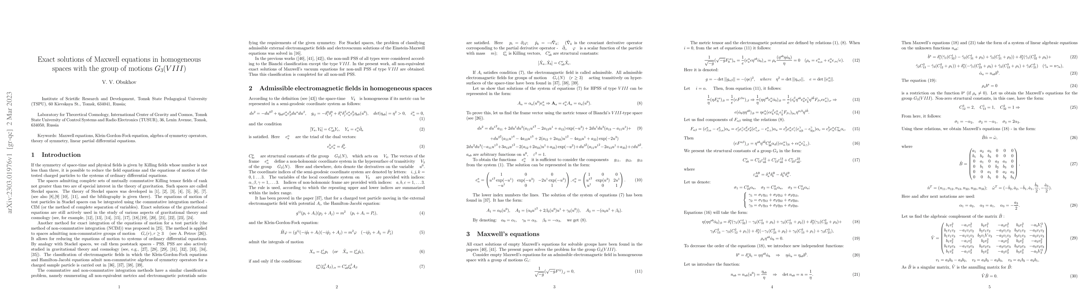 Thumbnail for Exact solutions of Maxwell equations in homogeneous spaces with the
  group of motions $G_3(VIII)$