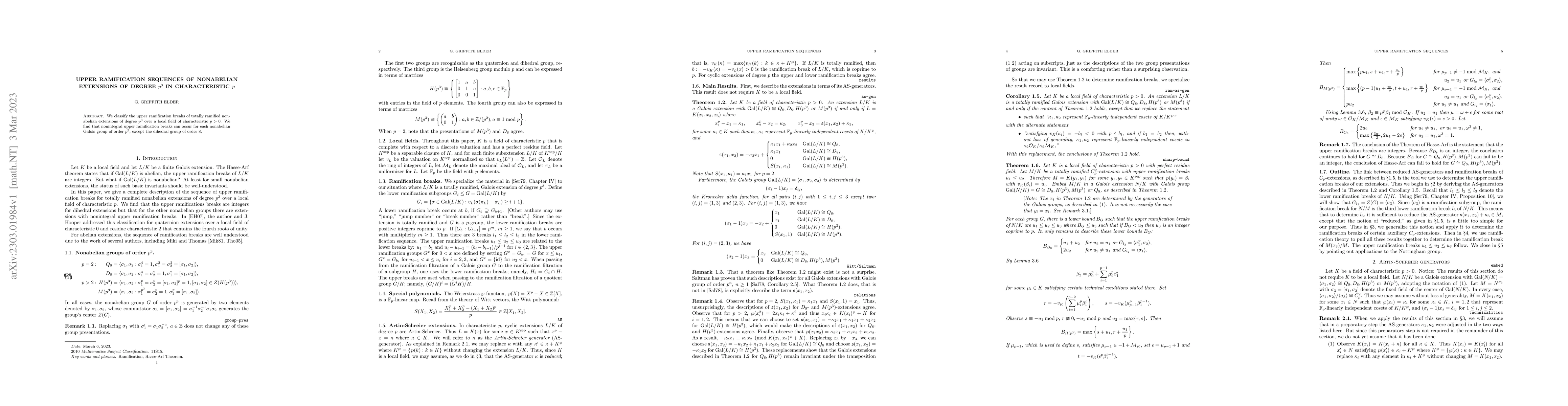 Thumbnail for Upper ramification sequences of nonabelian extensions of degree $p^3$ in
  characteristic $p$