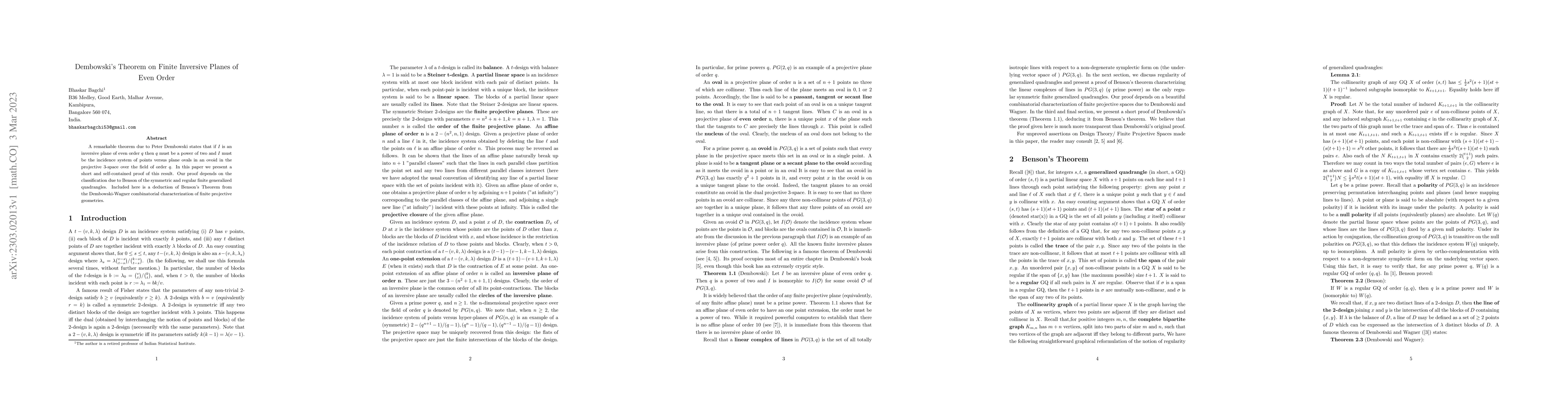 Thumbnail for Dembowski's Theorem on Finite Inversive Planes of Even Order