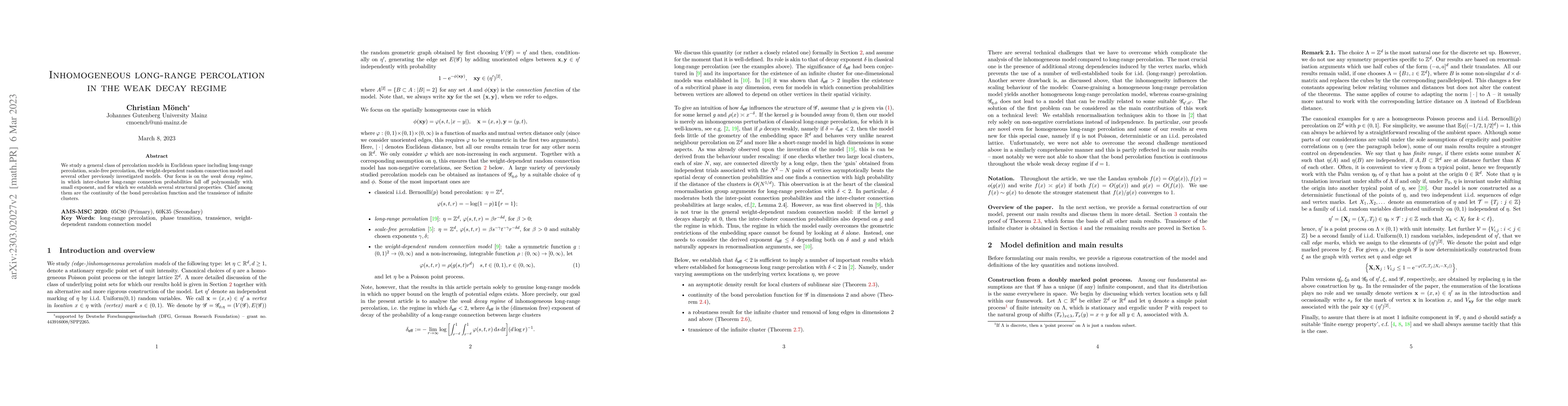 Thumbnail for Inhomogeneous long-range percolation in the weak decay regime