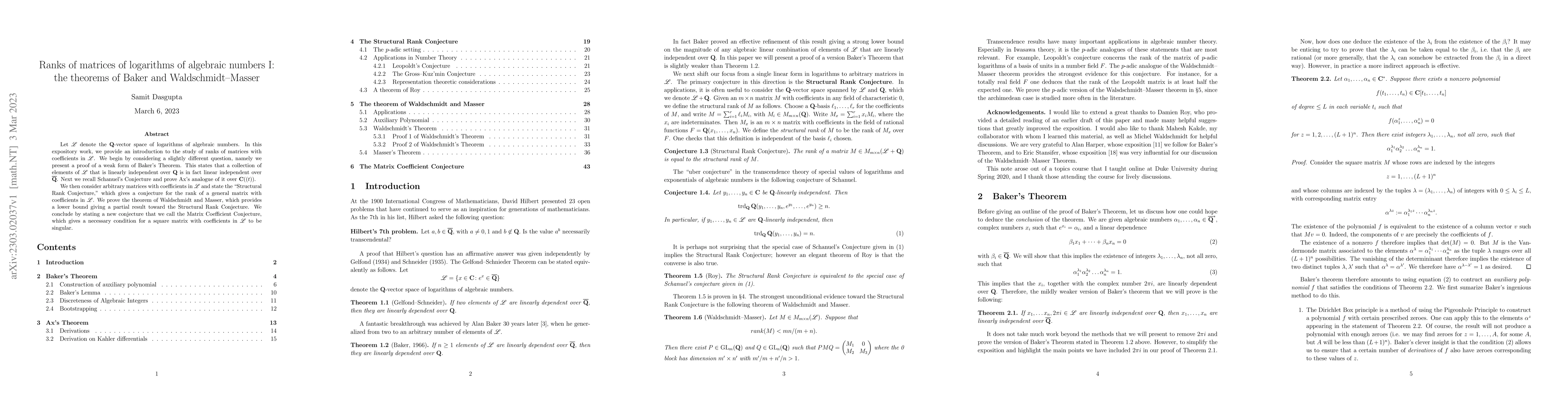 Thumbnail for Ranks of matrices of logarithms of algebraic numbers I: the theorems of
  Baker and Waldschmidt-Masser