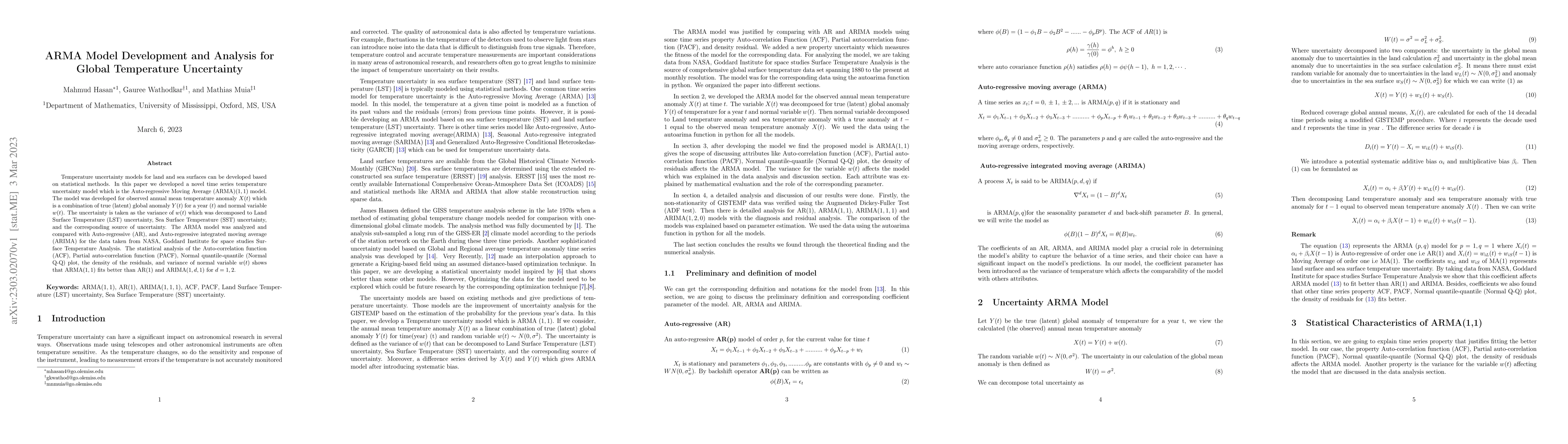 Thumbnail for ARMA Model Development and Analysis for Global Temperature Uncertainty