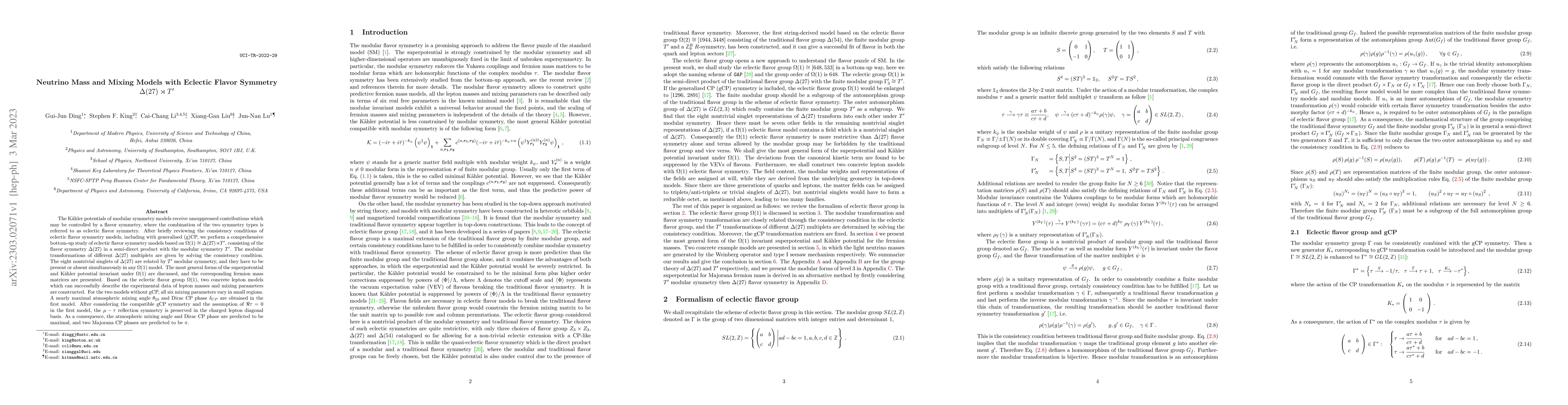 Thumbnail for Neutrino Mass and Mixing Models with Eclectic Flavor Symmetry $\Delta
  (27) \rtimes T'$
