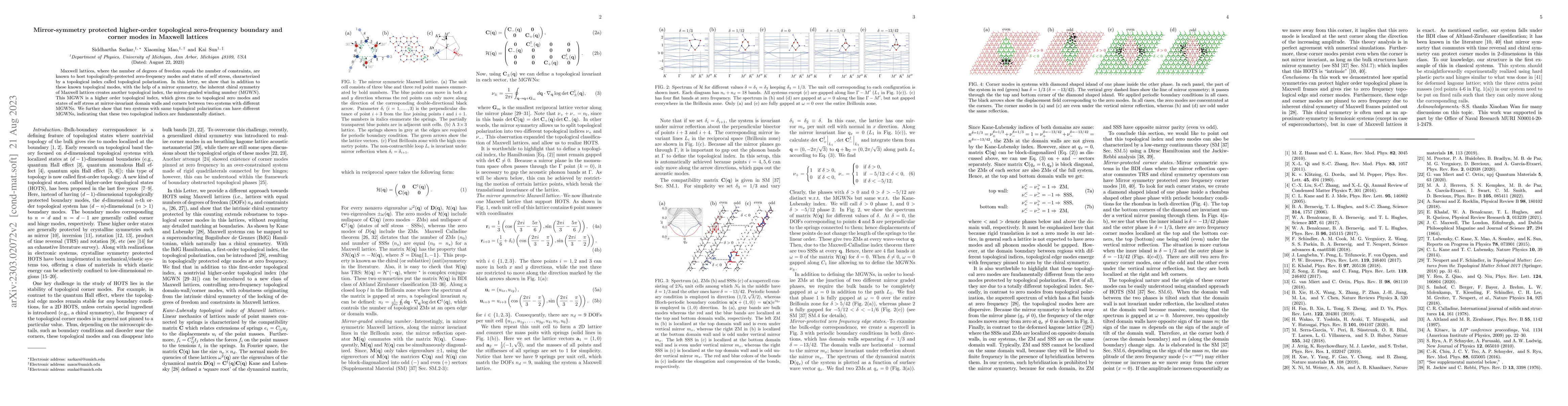 Thumbnail for Mirror-symmetry protected higher-order topological zero-frequency
  boundary and corner modes in Maxwell lattices
