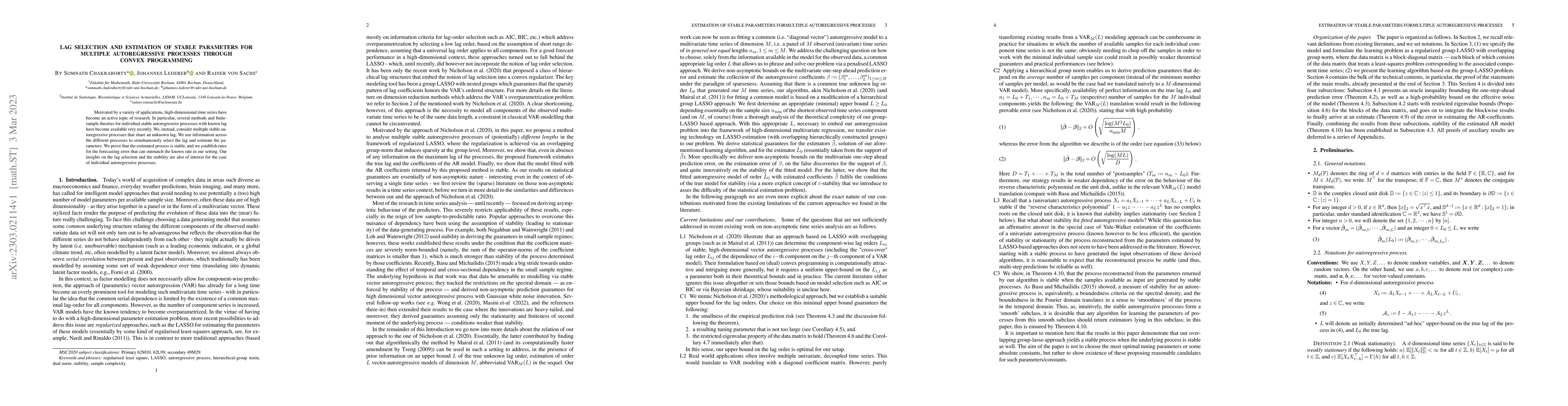 Thumbnail for Lag selection and estimation of stable parameters for multiple
  autoregressive processes through convex programming