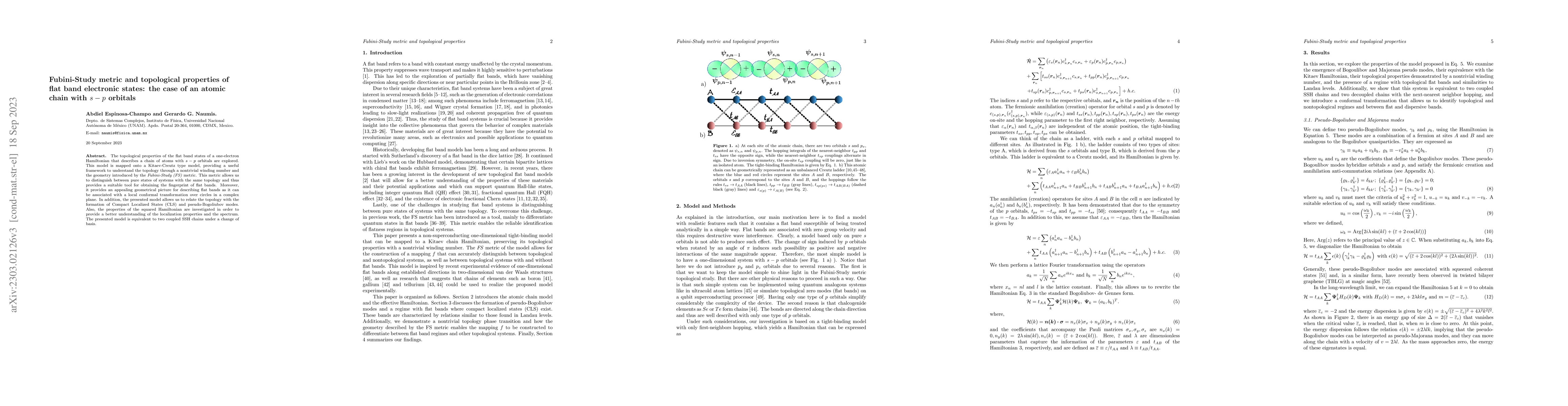 Thumbnail for Fubini-Study metric and topological properties of flat band electronic
  states: the case of an atomic chain with $s-p$ orbitals