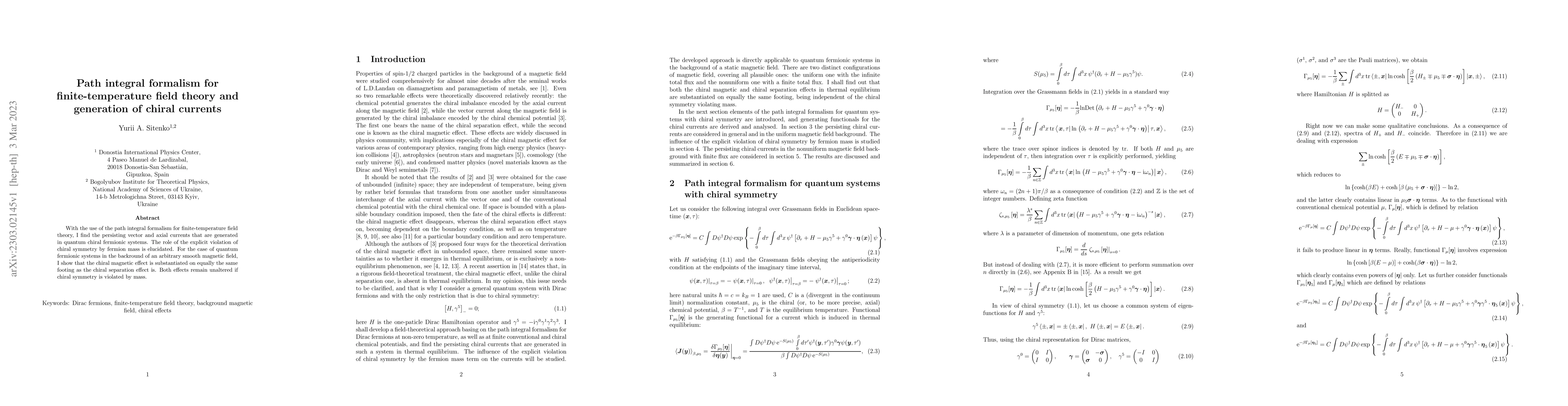 Thumbnail for Path integral formalism for finite-temperature field theory and
  generation of chiral currents