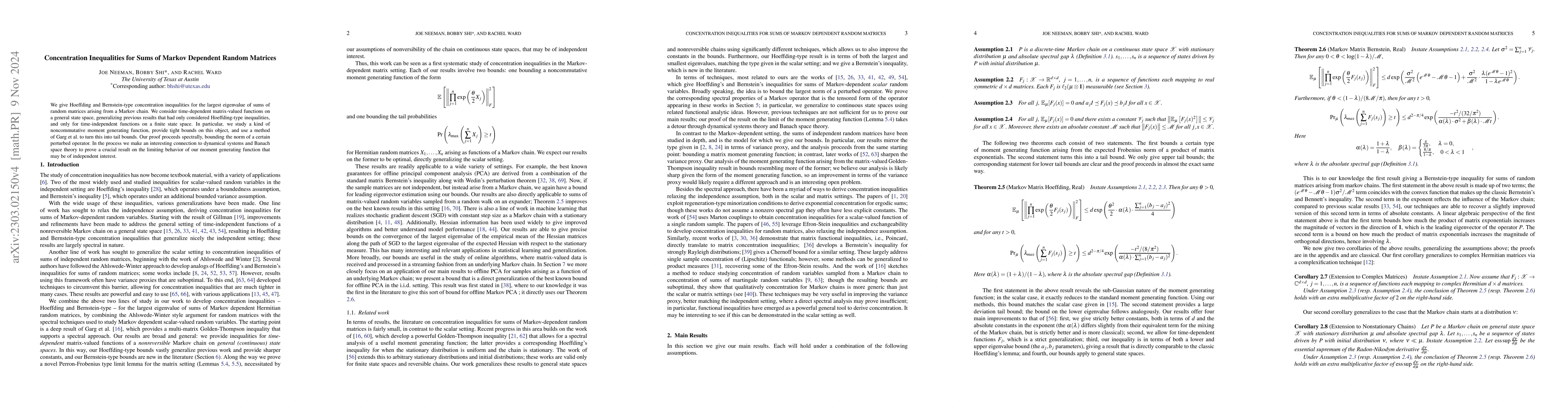 Thumbnail for Concentration Inequalities for Sums of Markov Dependent Random Matrices