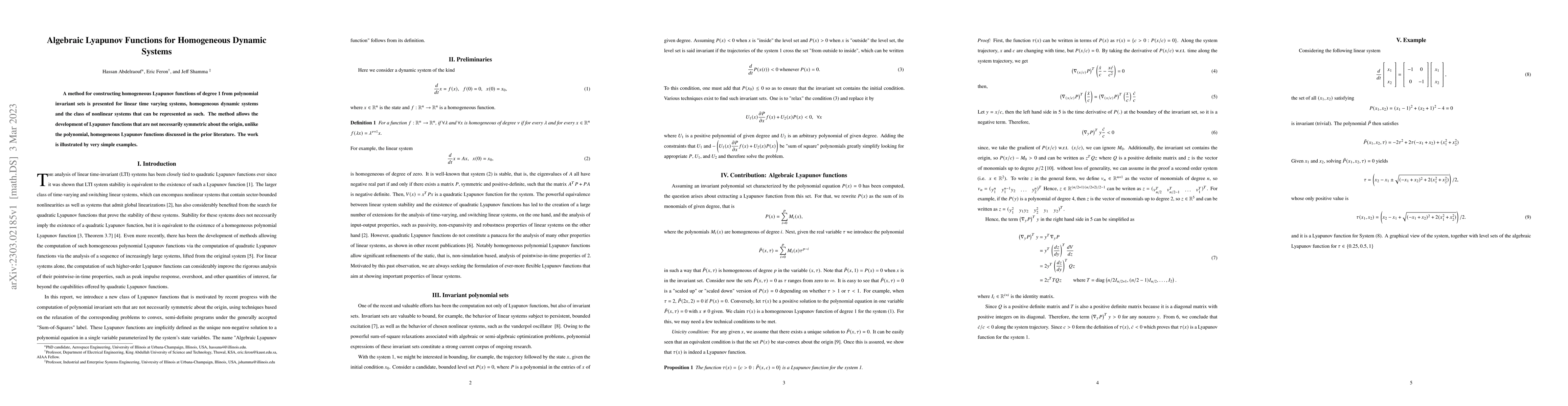 Thumbnail for Algebraic Lyapunov Functions for Homogeneous Dynamic Systems