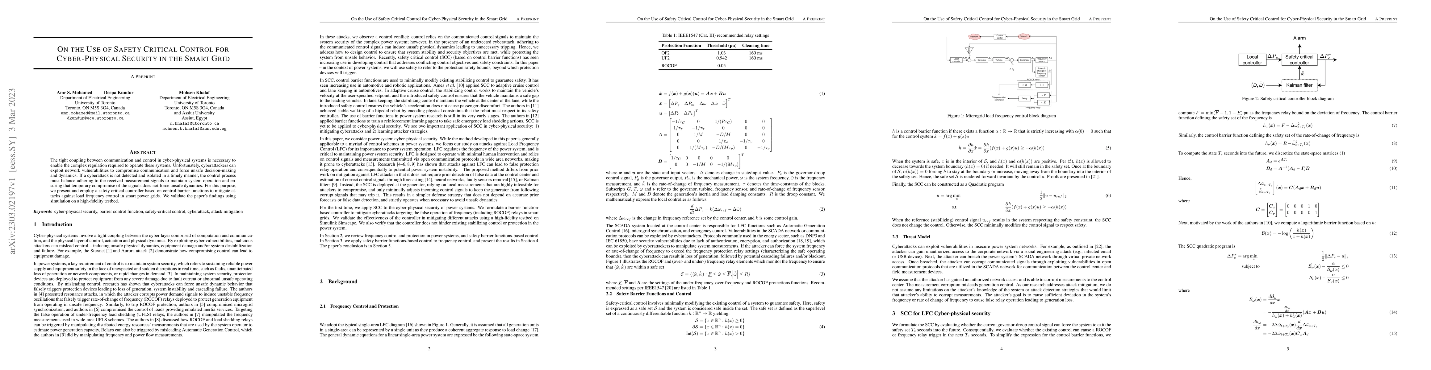 Thumbnail for On the Use of Safety Critical Control for Cyber-Physical Security in the
  Smart Grid