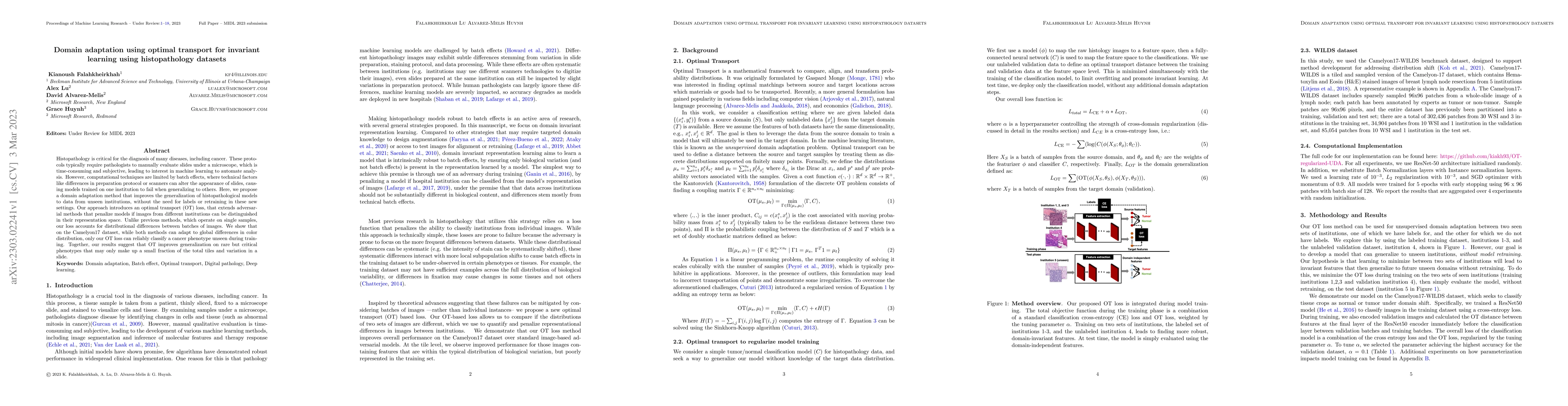 Thumbnail for Domain adaptation using optimal transport for invariant learning using
  histopathology datasets