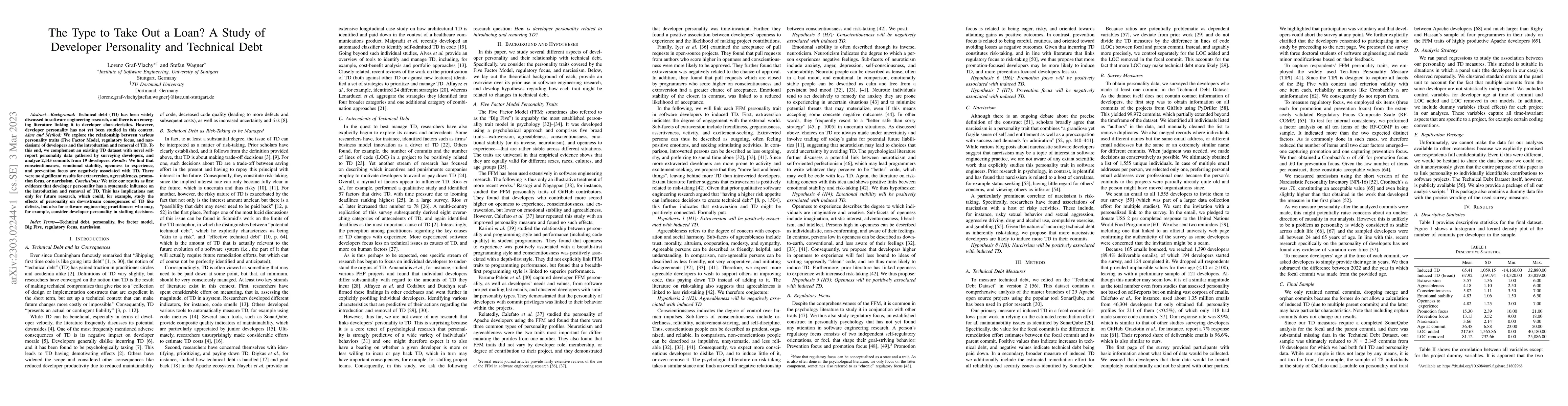 Thumbnail for The Type to Take Out a Loan? A Study of Developer Personality and
  Technical Debt
