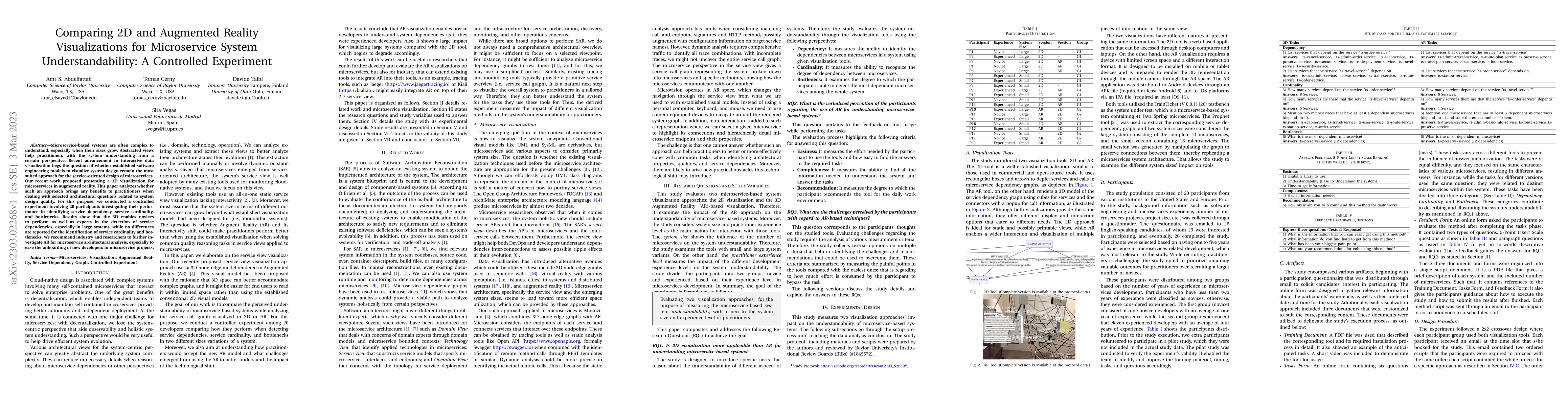 Thumbnail for Comparing 2D and Augmented Reality Visualizations for Microservice
  System Understandability: A Controlled Experiment