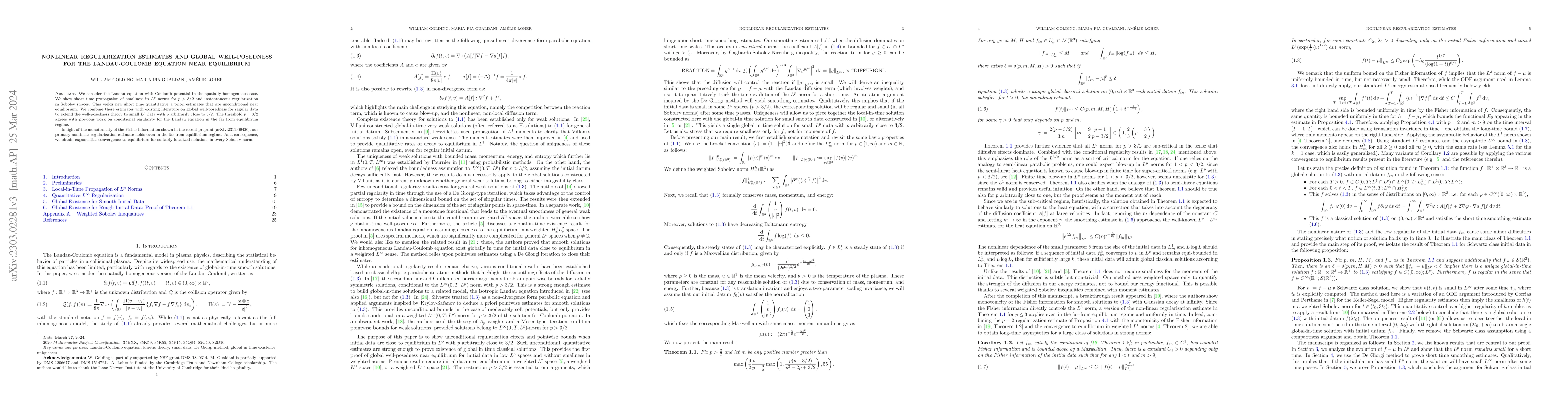 Thumbnail for Nonlinear regularization estimates and global well-posedness for the
  Landau-Coulomb equation near equilibrium