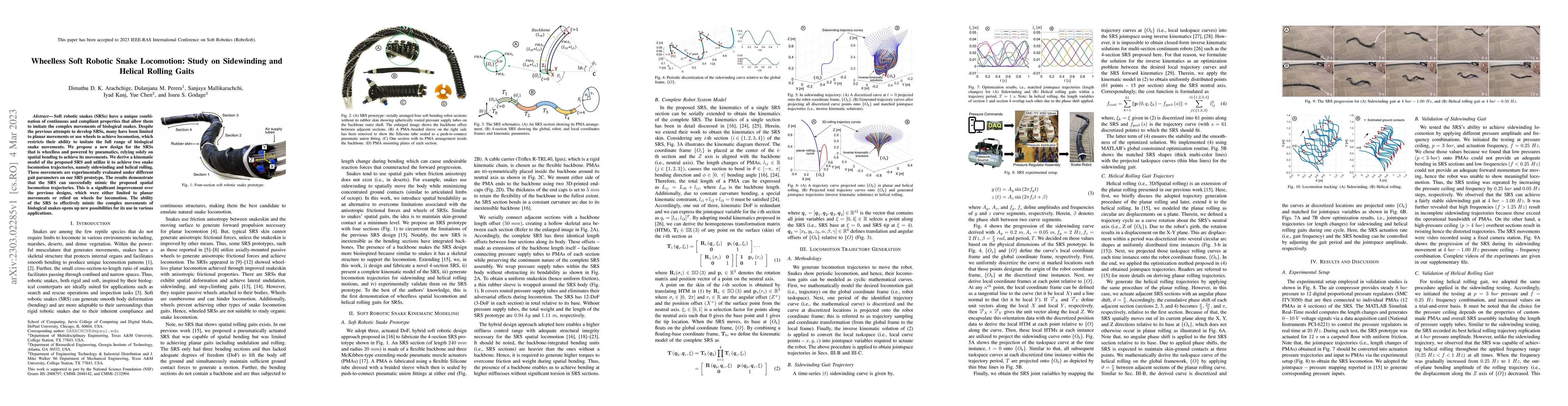 Thumbnail for Wheelless Soft Robotic Snake Locomotion: Study on Sidewinding and
  Helical Rolling Gaits