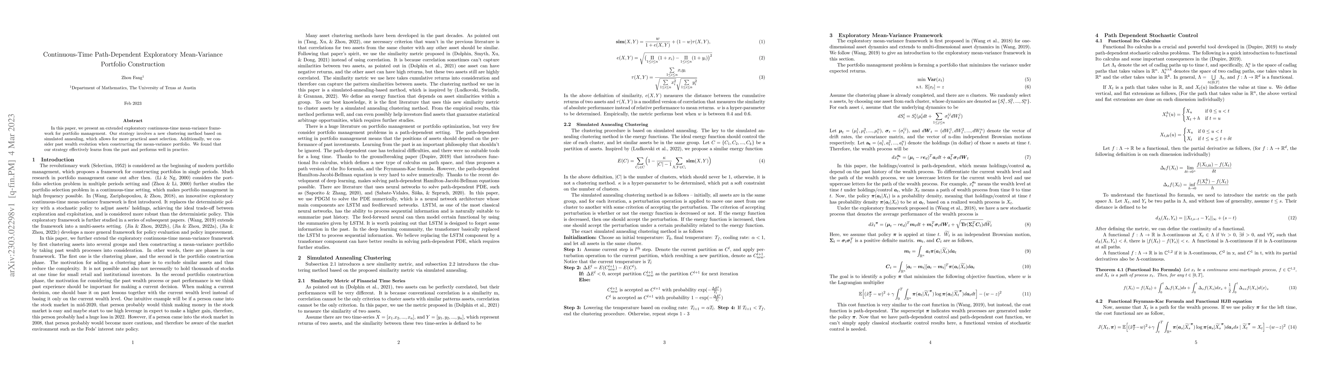 Thumbnail for Continuous-Time Path-Dependent Exploratory Mean-Variance Portfolio
  Construction