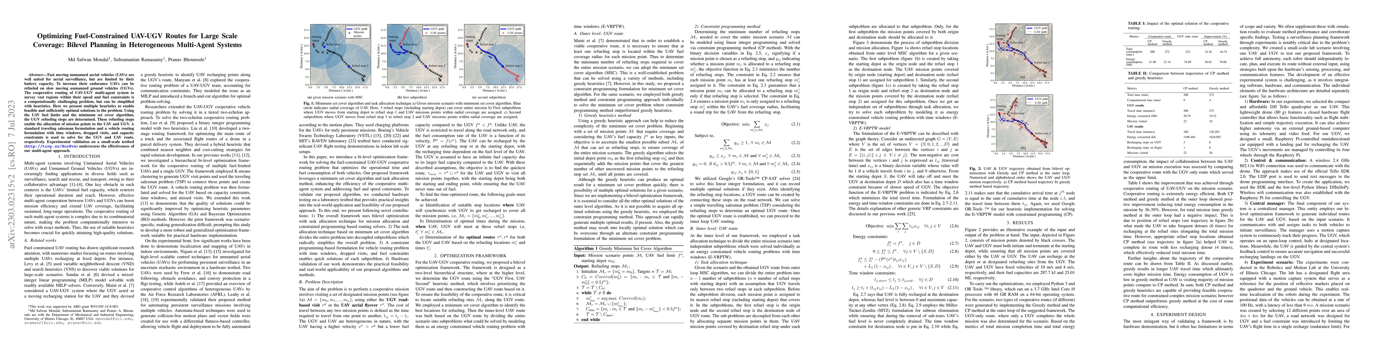 Thumbnail for Optimizing Fuel-Constrained UAV-UGV Routes for Large Scale Coverage:
  Bilevel Planning in Heterogeneous Multi-Agent Systems