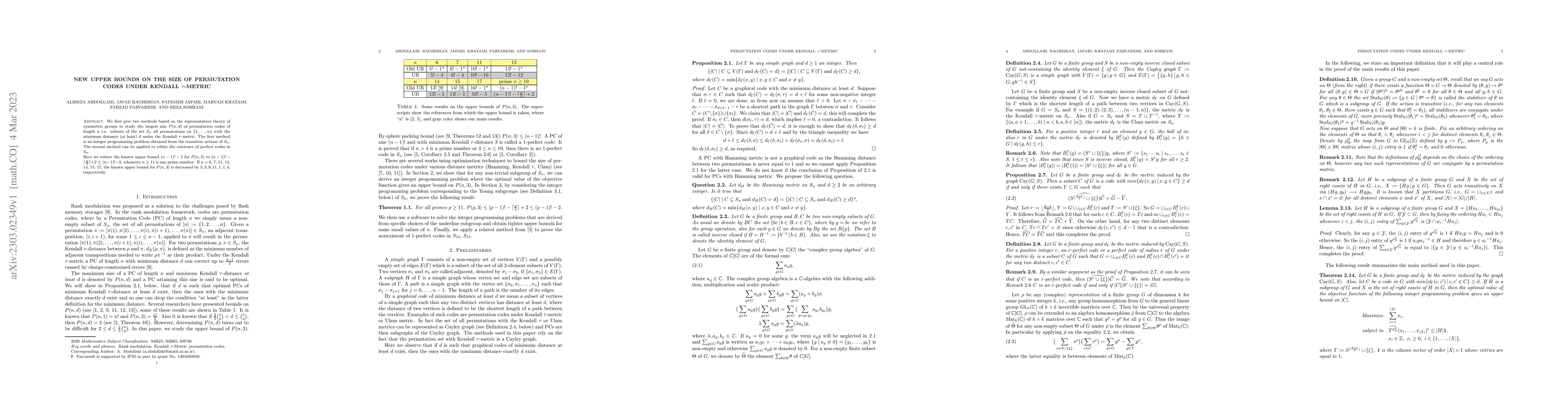 Thumbnail for New Upper Bounds on the Size of Permutation Codes under Kendall
  $\tau$-Metric