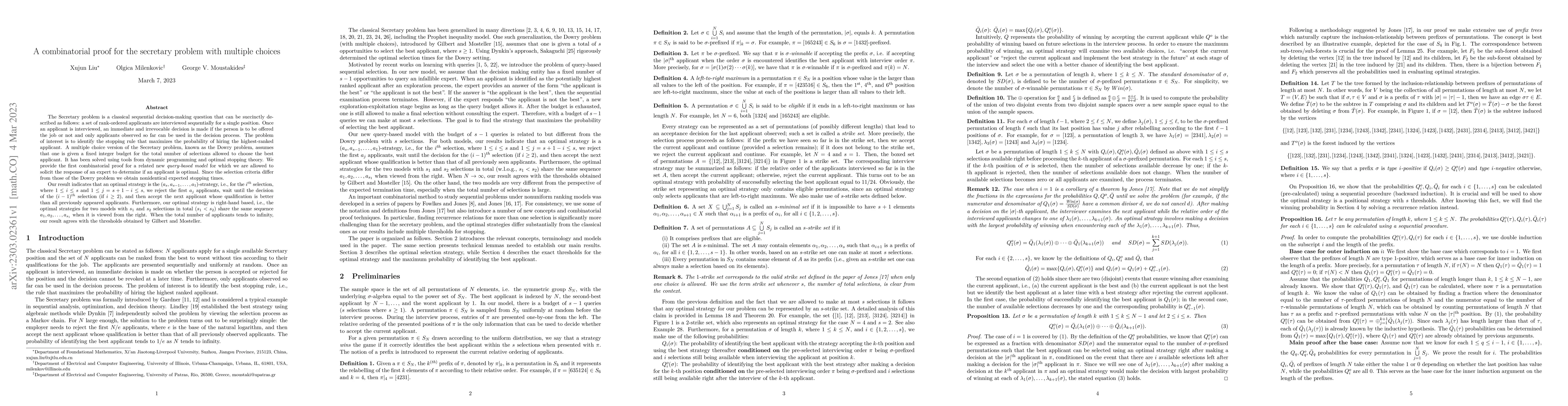 Thumbnail for A combinatorial proof for the secretary problem with multiple choices