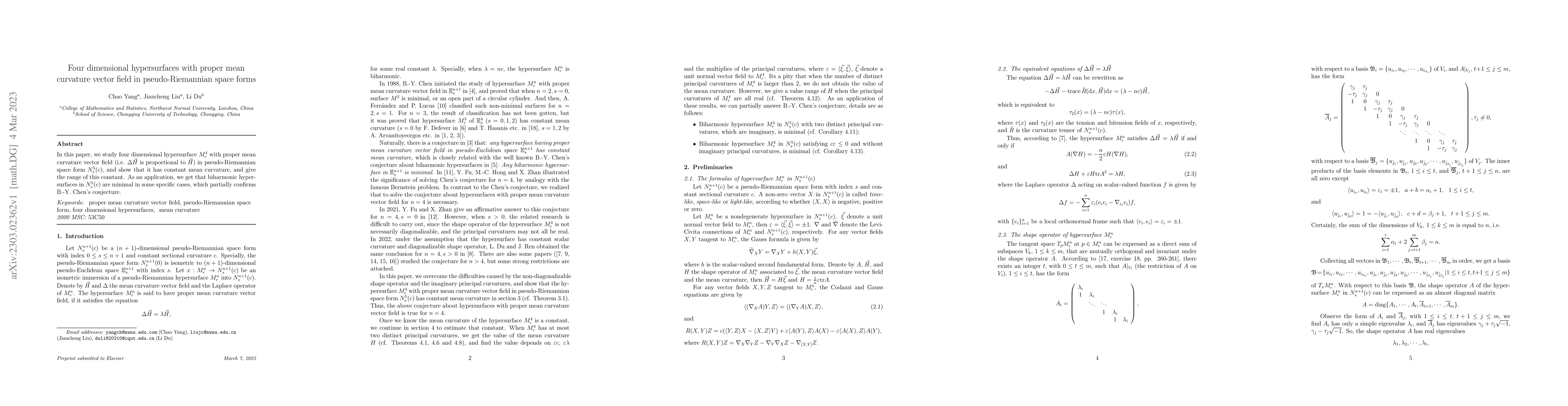 Thumbnail for Four dimensional hypersurfaces with proper mean curvature vector field
  in pseudo-Riemannian space forms