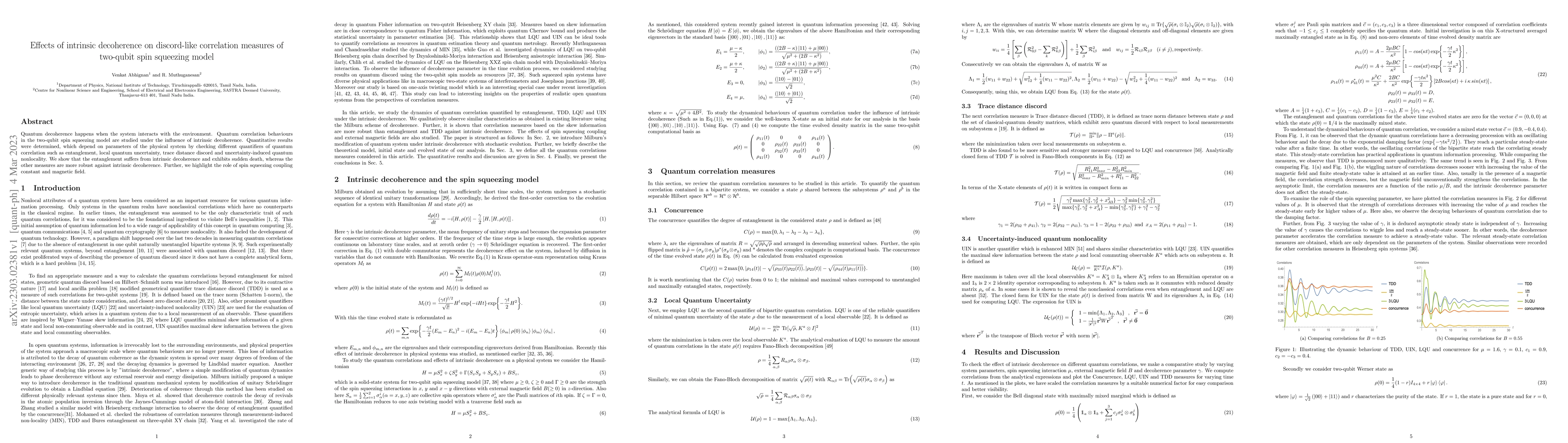 Thumbnail for Effects of intrinsic decoherence on discord-like correlation measures of
  two-qubit spin squeezing model