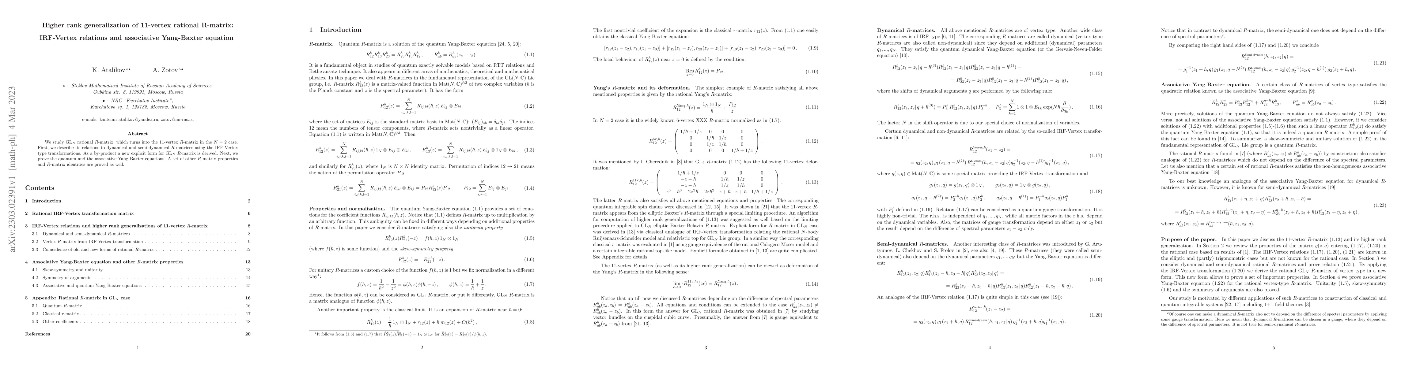 Thumbnail for Higher rank generalization of 11-vertex rational R-matrix: IRF-Vertex
  relations and associative Yang-Baxter equation