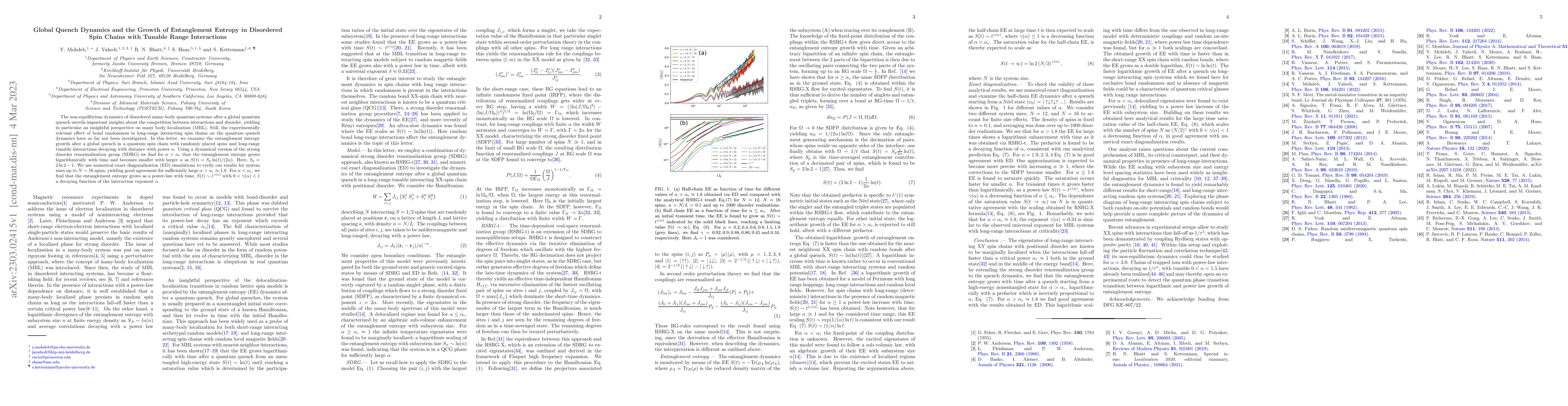 Thumbnail for Entanglement Entropy Growth in Disordered Spin Chains with Tunable Range
  Interactions