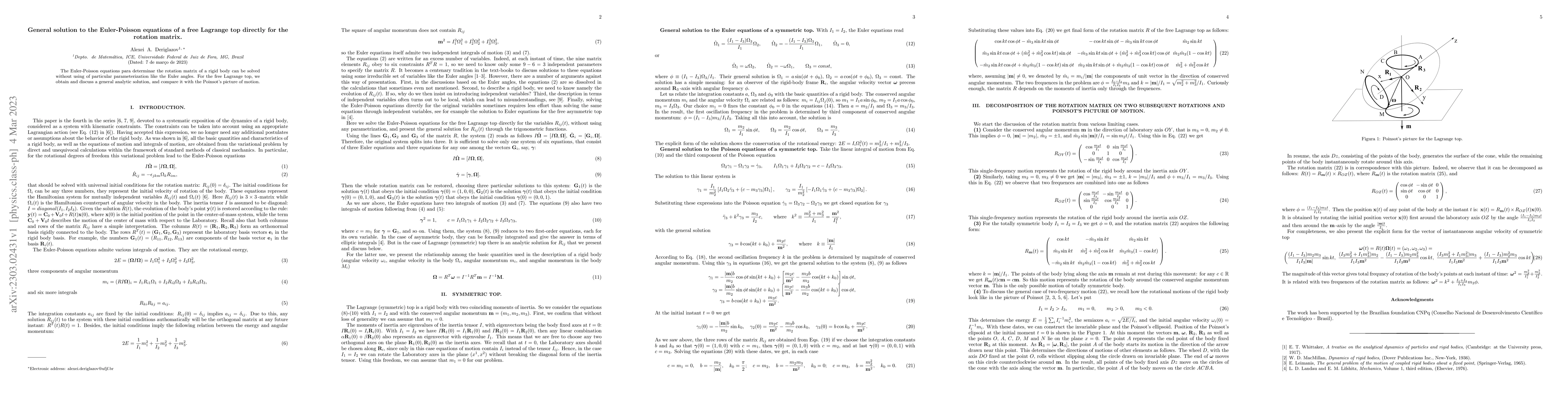 Thumbnail for General solution to the Euler-Poisson equations of a free Lagrange top
  directly for the rotation matrix