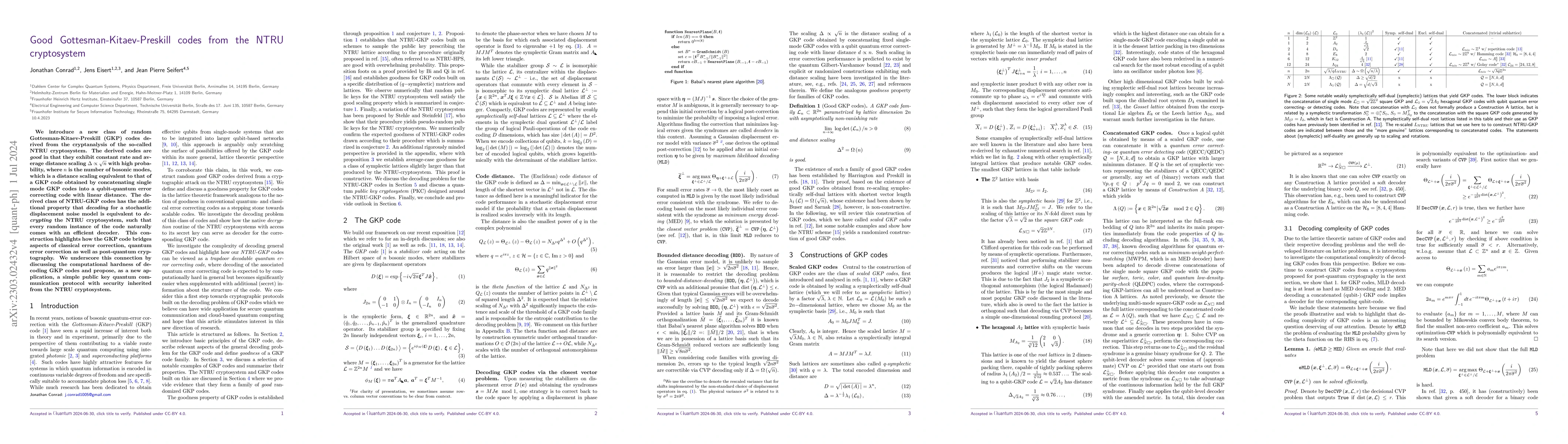 Thumbnail for Good Gottesman-Kitaev-Preskill codes from the NTRU cryptosystem
