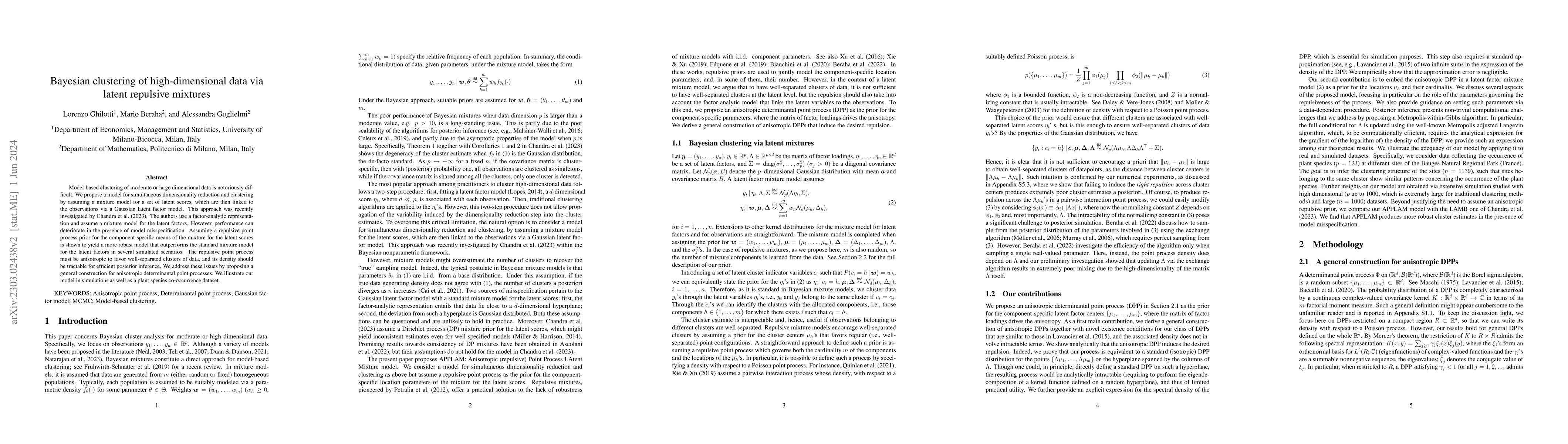 Thumbnail for Bayesian clustering of high-dimensional data via latent repulsive
  mixtures