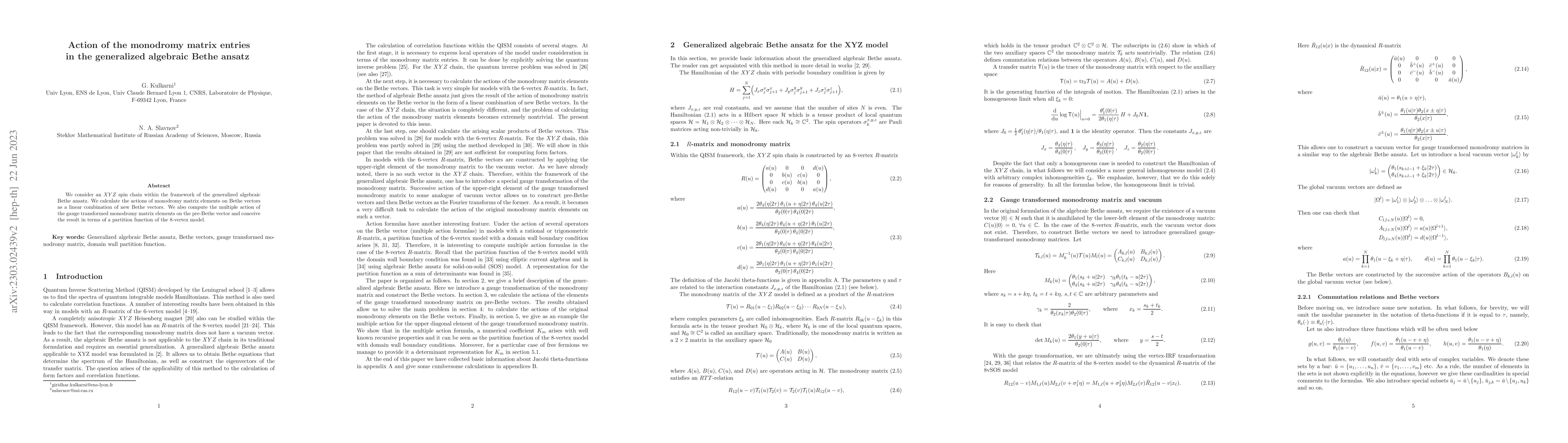 Thumbnail for Action of the monodromy matrix entries in the generalized algebraic
  Bethe ansatz