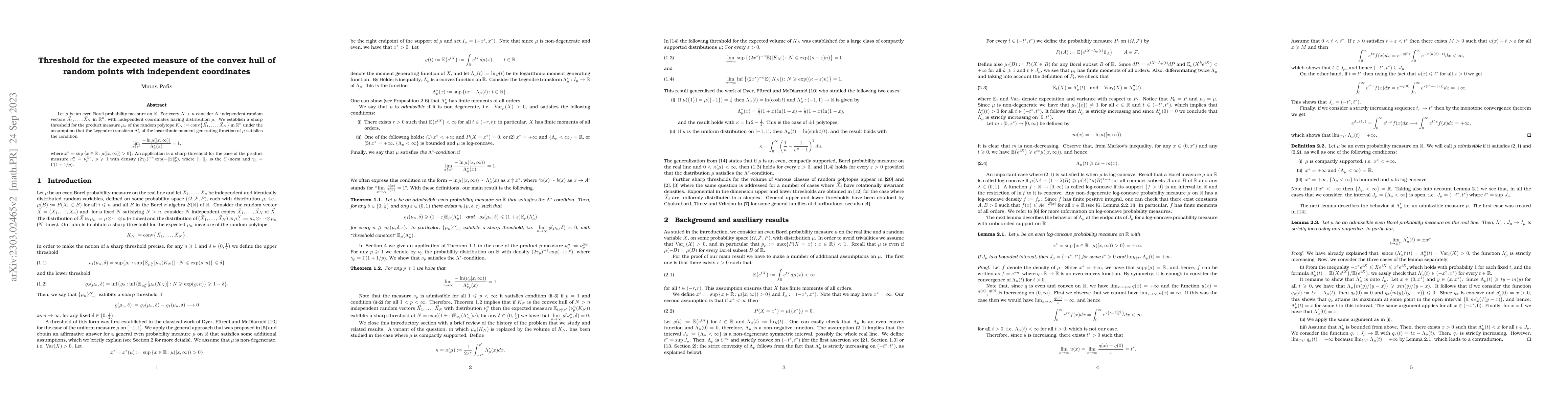 Thumbnail for Threshold for the expected measure of the convex hull of random points
  with independent coordinates