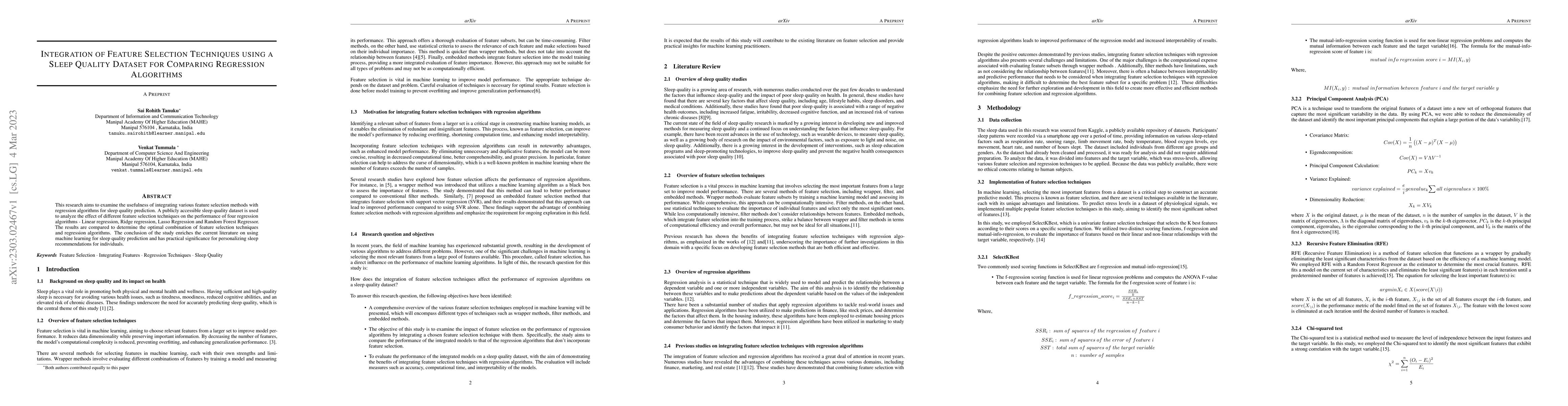 Thumbnail for Integration of Feature Selection Techniques using a Sleep Quality
  Dataset for Comparing Regression Algorithms