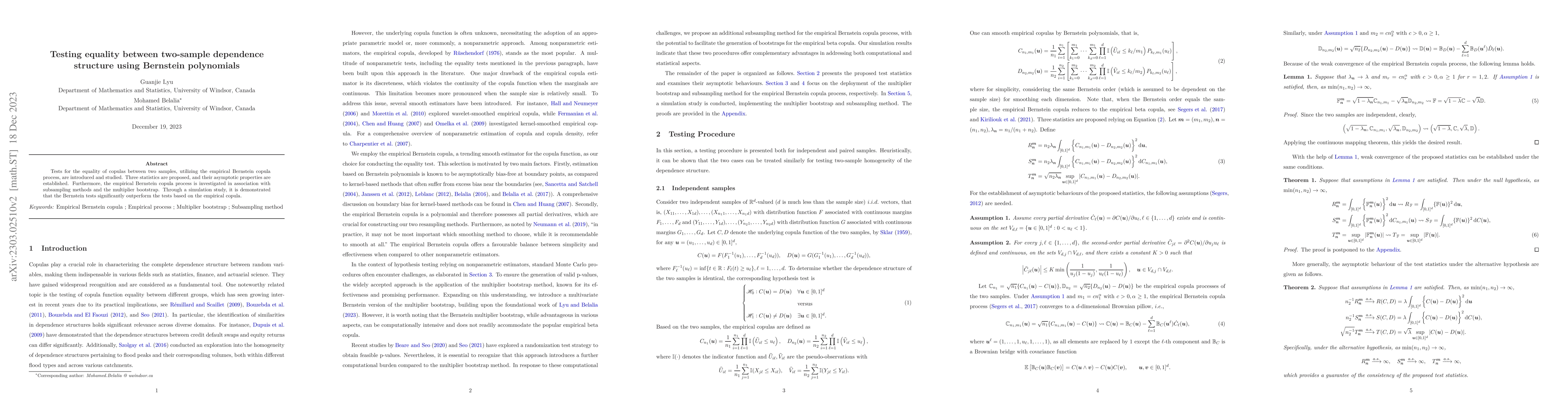 Thumbnail for Testing equality between two-sample dependence structure using Bernstein
  polynomials