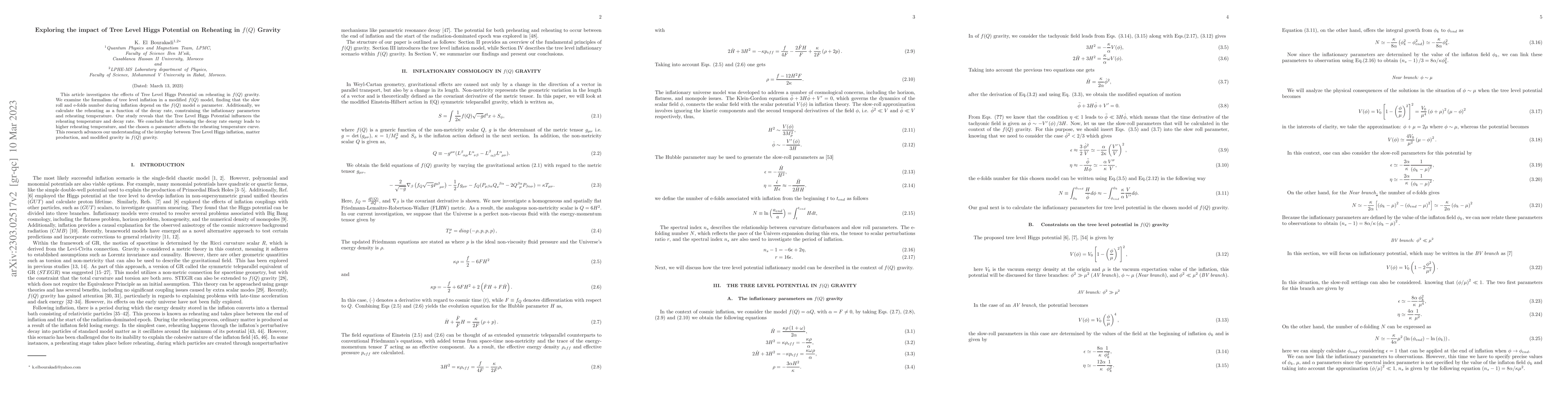 Thumbnail for Exploring the impact of Tree Level Higgs Potential on Reheating in f(Q)
  Gravity