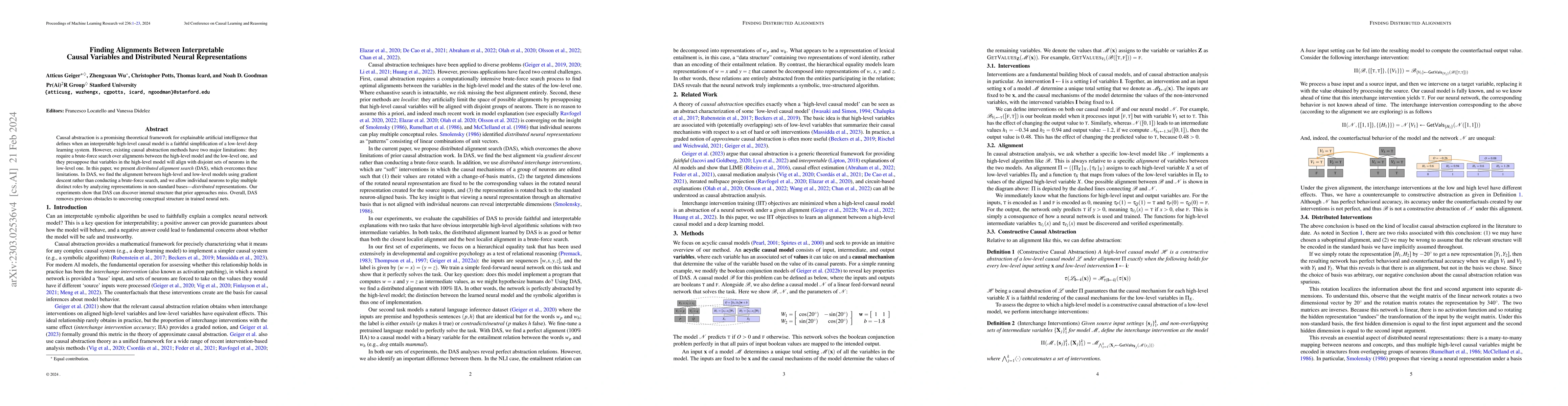 Thumbnail for Finding Alignments Between Interpretable Causal Variables and
  Distributed Neural Representations
