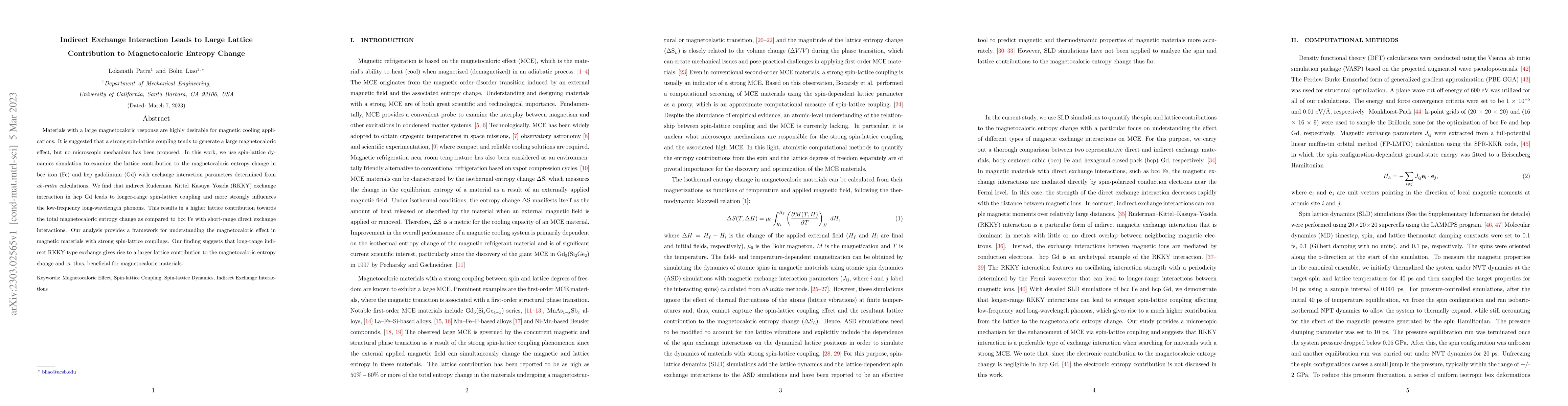Thumbnail for Indirect Exchange Interaction Leads to Large Lattice Contribution to
  Magnetocaloric Entropy Change