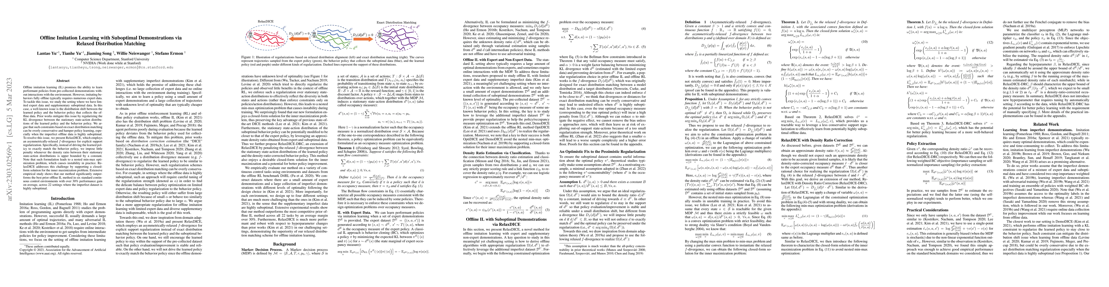Thumbnail for Offline Imitation Learning with Suboptimal Demonstrations via Relaxed
  Distribution Matching