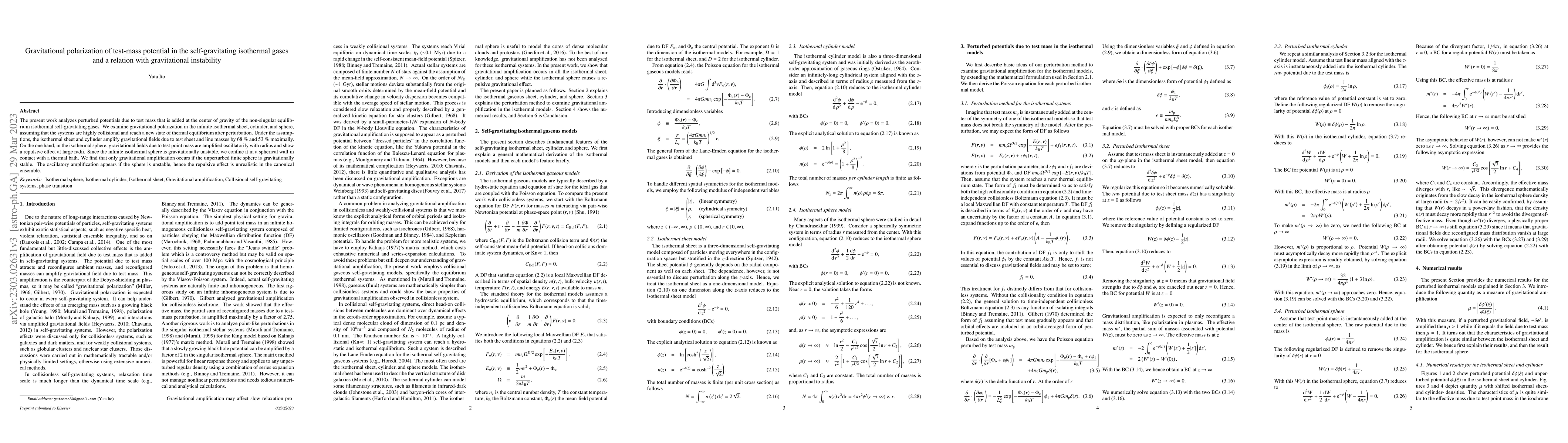 Thumbnail for Gravitational polarization of test-mass potential in the
  self-gravitating isothermal gases and a relation with gravitational
  instability
