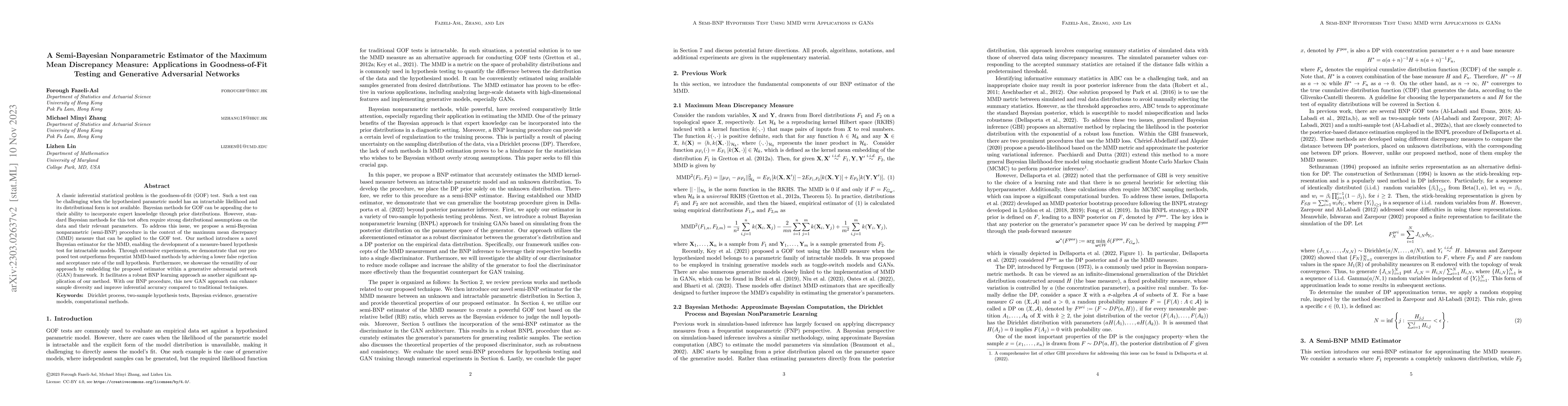 Thumbnail for A Semi-Bayesian Nonparametric Estimator of the Maximum Mean Discrepancy
  Measure: Applications in Goodness-of-Fit Testing and Generative Adversarial
  Networks