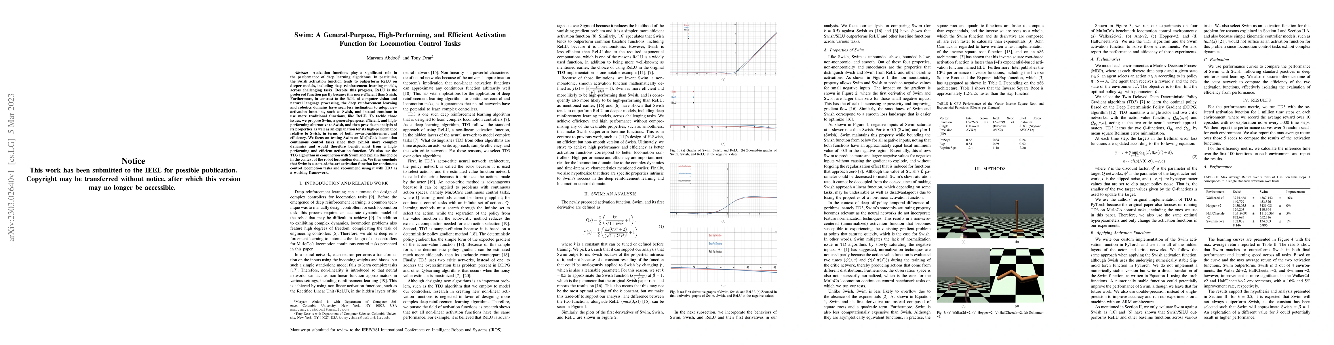 Thumbnail for Swim: A General-Purpose, High-Performing, and Efficient Activation
  Function for Locomotion Control Tasks