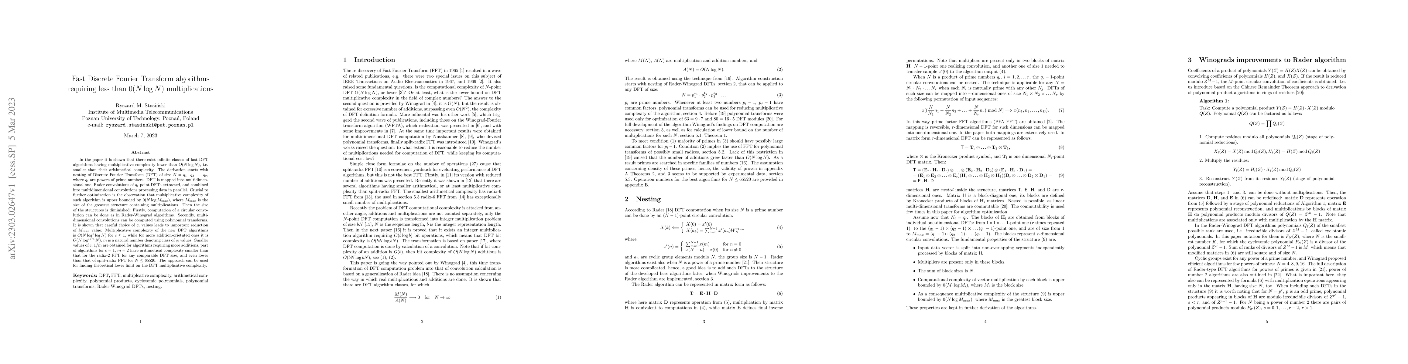Thumbnail for Fast Discrete Fourier Transform algorithms requiring less than 0(NlogN)
  multiplications