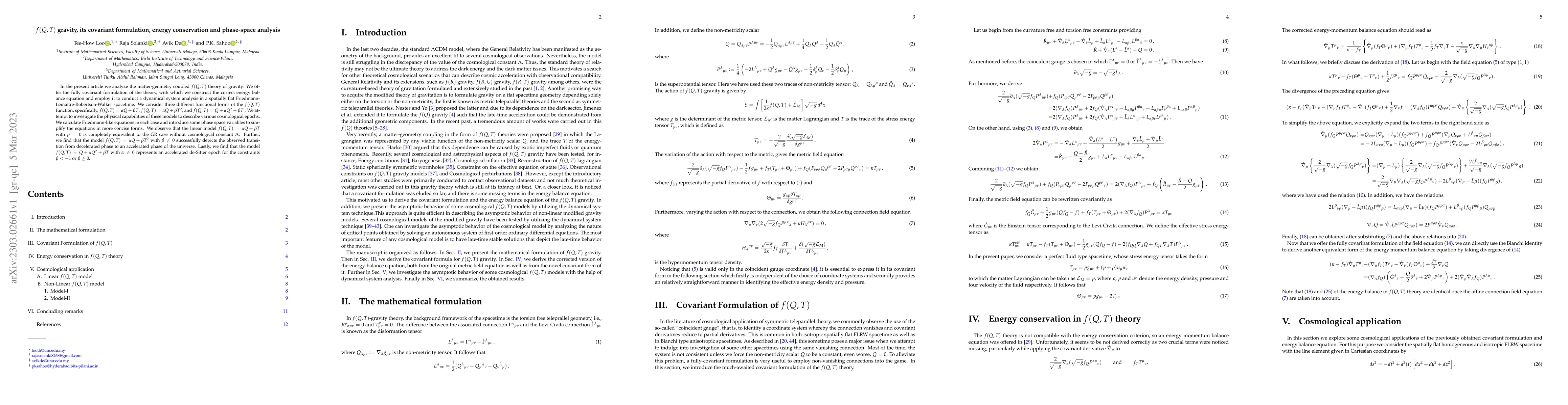 Thumbnail for $f(Q,T)$ gravity, its covariant formulation, energy conservation and
  phase-space analysis