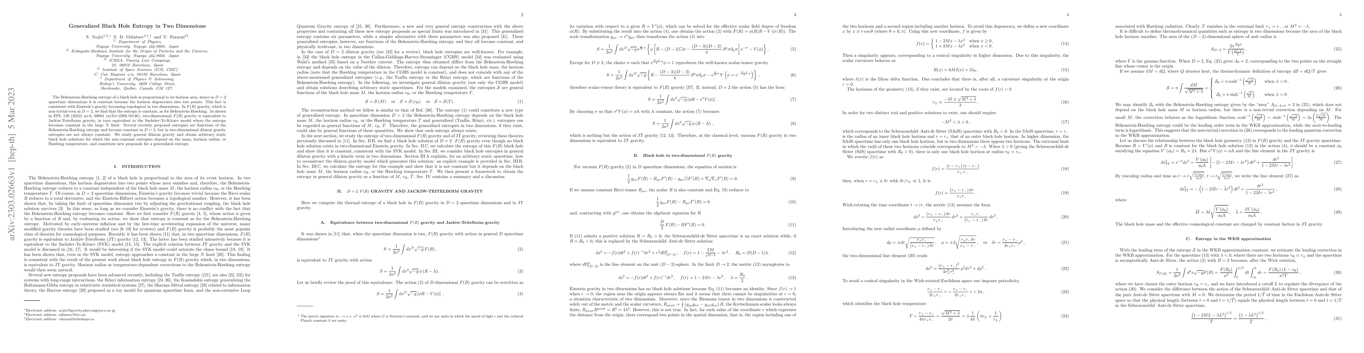 Thumbnail for Generalized black hole entropy in two dimensions
