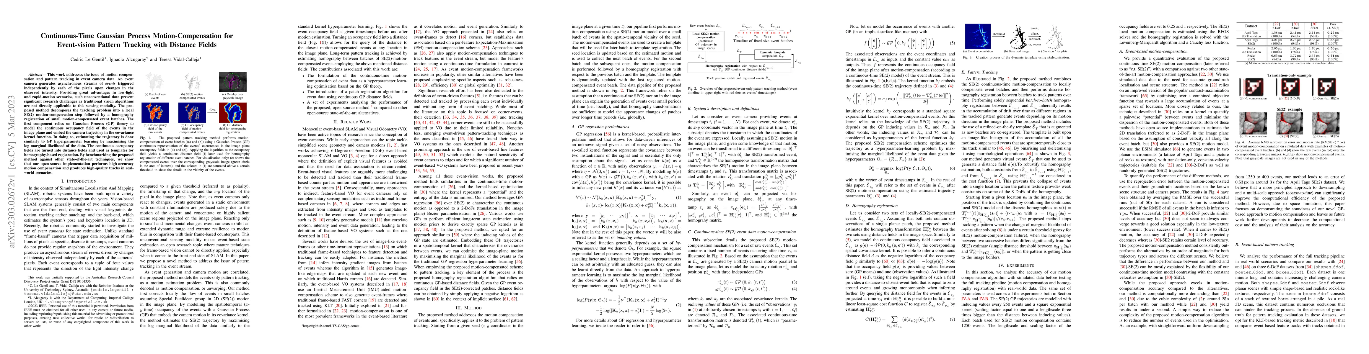 Thumbnail for Continuous-Time Gaussian Process Motion-Compensation for Event-vision
  Pattern Tracking with Distance Fields